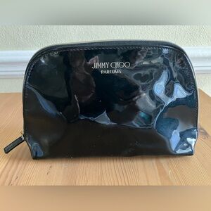 Jimmy Choo Brand Glossy Black With Gold Letters Zip Up Make Up Bag! 10” X 7.5”